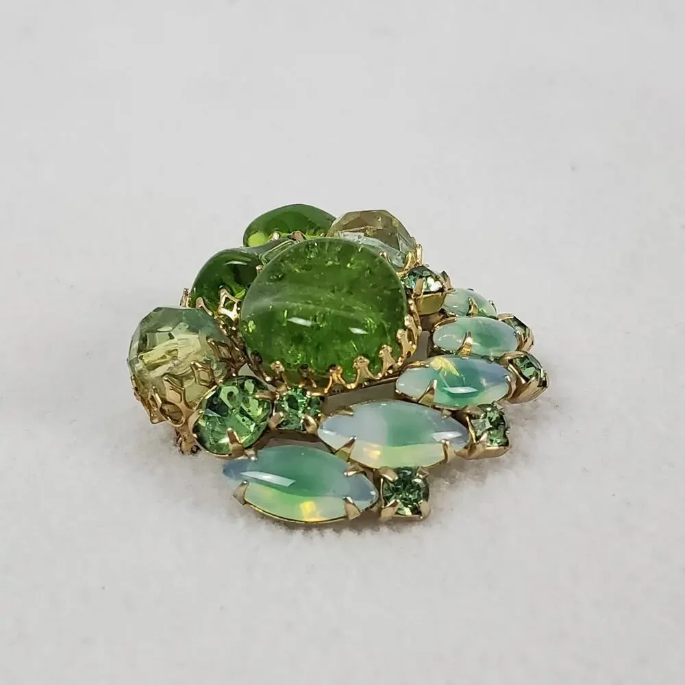 Vintage MCM Green Rhinestone Gold Tone Brooch and Earrings Set
